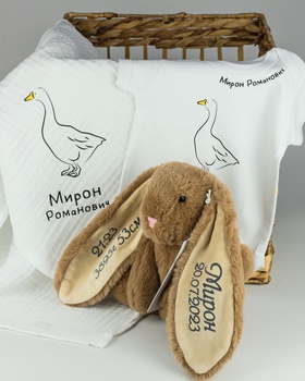 Именной подарочный набор для Крещения малыша персонализированный плюшевый кролик, боди детское и муслиновый именной плед HeyBaby
