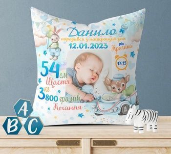 Подушка з метрикой та фото Лісові друзі 35х35 на молнії блакитна