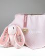 Подарочный набор для малыша - зайчик именный розовый, плед муслиновый розовый  и держатель для соски малыша именной HeyBaby