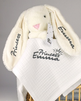Подарунковий набір для малюка - зайчик іменний бежевий і плед мусліновий білий HeyBaby
