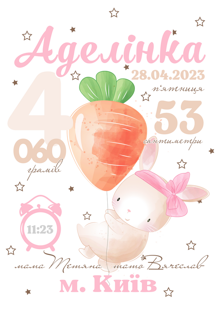 Именный детский постер-метрика  зайчик с морковкой HeyBaby